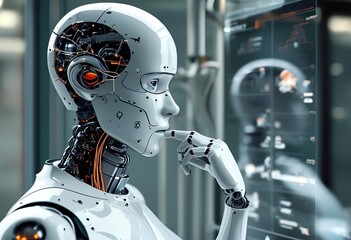 Naklejka premium Innovative humanoid robot analyzing data in a futuristic laboratory environment during daylight hours