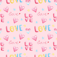 Cute hand drawn hearts seamless pink pattern, lovely romantic background, great for Valentine's Day, Mother's Day, textile, wallpaper, banner - watercolor design