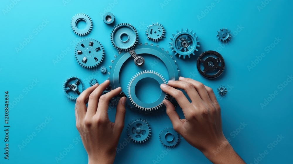Poster hands assembling gears on blue background for mechanical concept