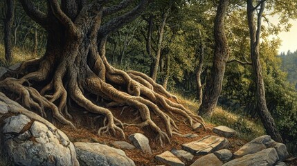 Majestic Tree with Exposed Roots in Natural Forest Setting