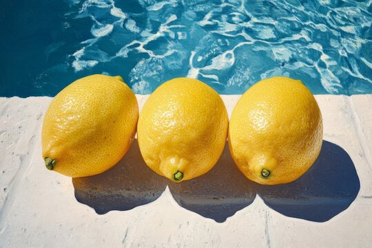 Bright yellow lemons resting beside a shimmering blue pool on a sunny day