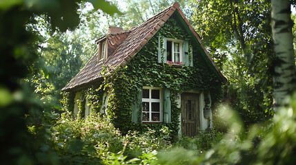 charming countryside home covered in lush greenery, surrounded by nature beauty. quaint architecture and vibrant foliage create serene atmosphere