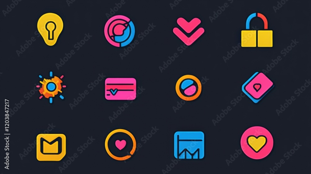 Poster Colorful digital icons representing various actions and concepts in a modern design on a dark background. Generative AI