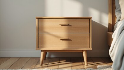 Fototapeta premium Minimalist wooden bedside table with two drawers and mid-century modern legs