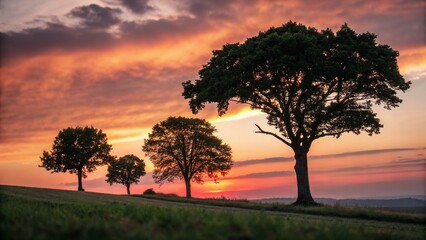 Miniature Sunrise: Three Majestic Trees on a Hilltop