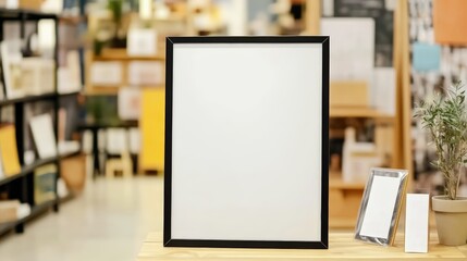 Blank White A4 Frame Displayed in Art Gallery Interior Setting with Minimalist Decor Elements and Soft Lighting Effects