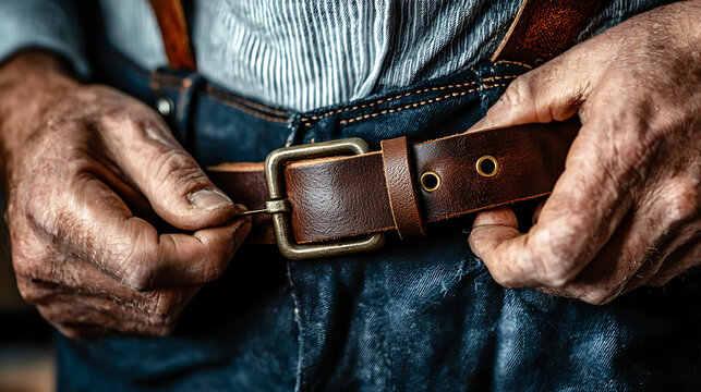 Leatherworker fastening handmade belt, showcasing craftsmanship and skill