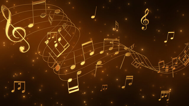 abstract music background with golden 3d notes and shiny glitter stars , music gold background