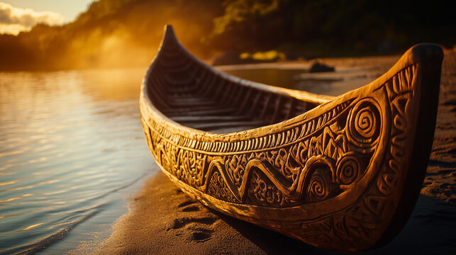A close-up of a beautifully carved Maori waka (canoe) resting on the shore, with intricate patterns glowing under soft sunlight