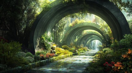 Obraz premium Lush Garden Path Under Archways Leading to Distant Waterfall with Floral Ground Cover