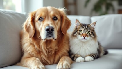 Golden retriever and tabby cat sitting together on a couch looking at the camera