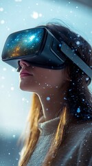 Naklejka premium Virtual reality experience in a city setting during a rainy evening