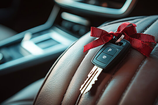 Close-up view of a car key fob elegantly wrapped with a red bow on a leather seat in a stylish vehicle