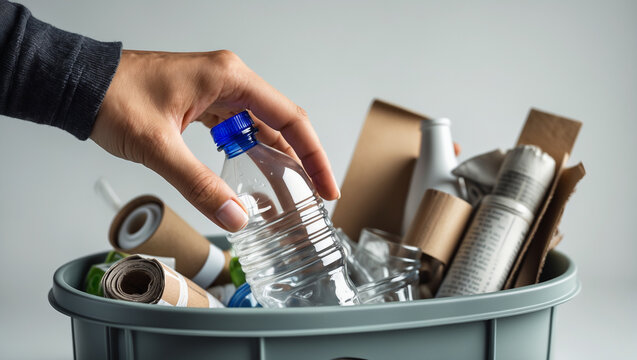 hand throwing used plastic bottle into trash box, environmental cleanliness concept