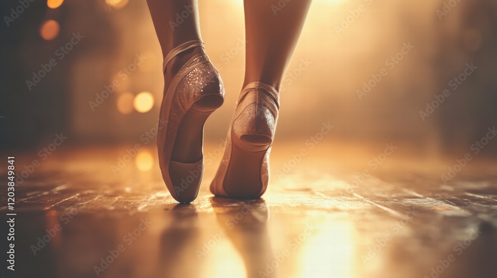 Poster ballet dancer practicing on stage in soft lighting, focused on grace and technique during evening re