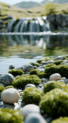 Fototapeta premium Serene waterfall scene with moss-covered rocks and tranquil water. Perfect for relaxation, nature, and tranquility themes.