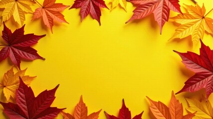 Fototapeta premium Vibrant Autumn Leaves Frame on Sunny Yellow Background, Perfect for Seasonal Designs and Celebrations