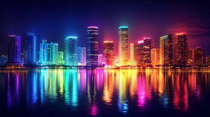 Fototapeta premium city illuminated by colorful lights at night, with the skyline and roads glowing, and stars in the sky above,