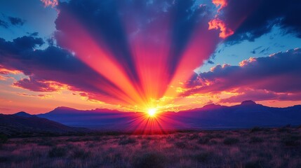 Obraz premium Radiant sunset with sunrays piercing dramatic clouds over mountainous landscape showcasing nature's awe-inspiring spectacle