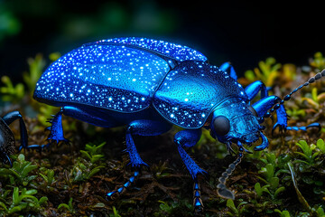 Fototapeta premium Vibrant Blue Beetle Close-up Macro Photography in Dark Forest Setting