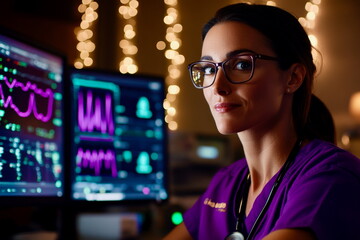 Focused ultrasonographer reviewing detailed scan results in a state-of-the-art medical imaging room, emphasizing diagnostic precision and patient care