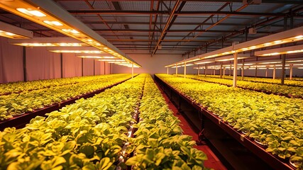 Hydroponic greenhouse with rows of plants under LED lights, plants, hydroponic