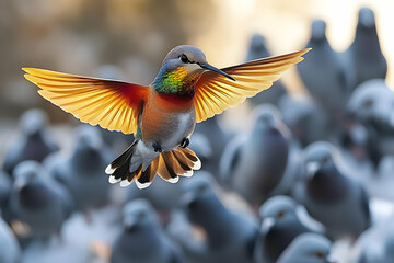 Vibrant Hummingbird in Flight Surrounded by Pigeons