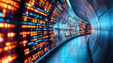 A futuristic tunnel lined with glowing red and blue digital code creates an immersive effect, suggesting fast data transfer and cutting edge technology.