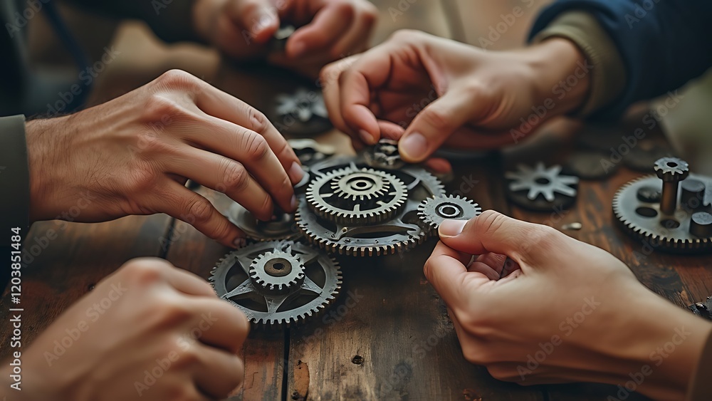 Poster teamwork in action - group of people meticulously assembling gears on a table, epitomizing the colla