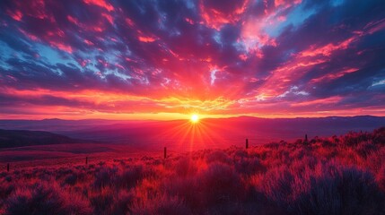 Fototapeta premium Vivid Sunset over Rolling Hills: A Majestic Sky Bursting with Pink and Blue Hues Illuminating the Landscape