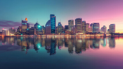 Naklejka premium city illuminated by colorful lights at night, with the skyline and roads glowing, and stars in the sky above,