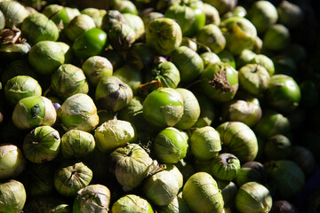 Mexican tomatillos. Small fresh green tomatoes at the Abastos market in Oaxaca, Mexico.