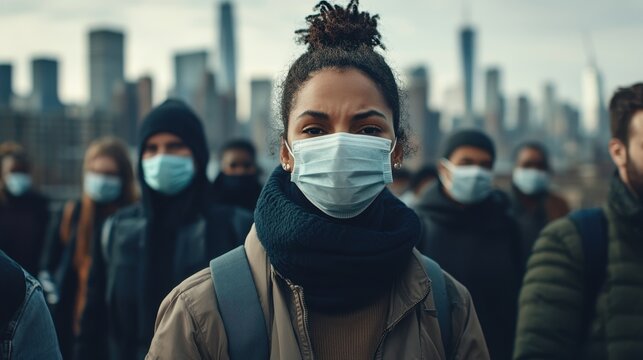 Diverse Group of People Wearing Masks in Urban Cityscape Background