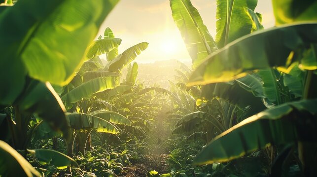 A lush banana tree grove in Africa, with vibrant green leaves under a bright tropical sun, set against a rural landscape