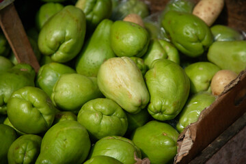 Fresh Chayotes at Central Abastos market in Oaxaca, Mexico.
