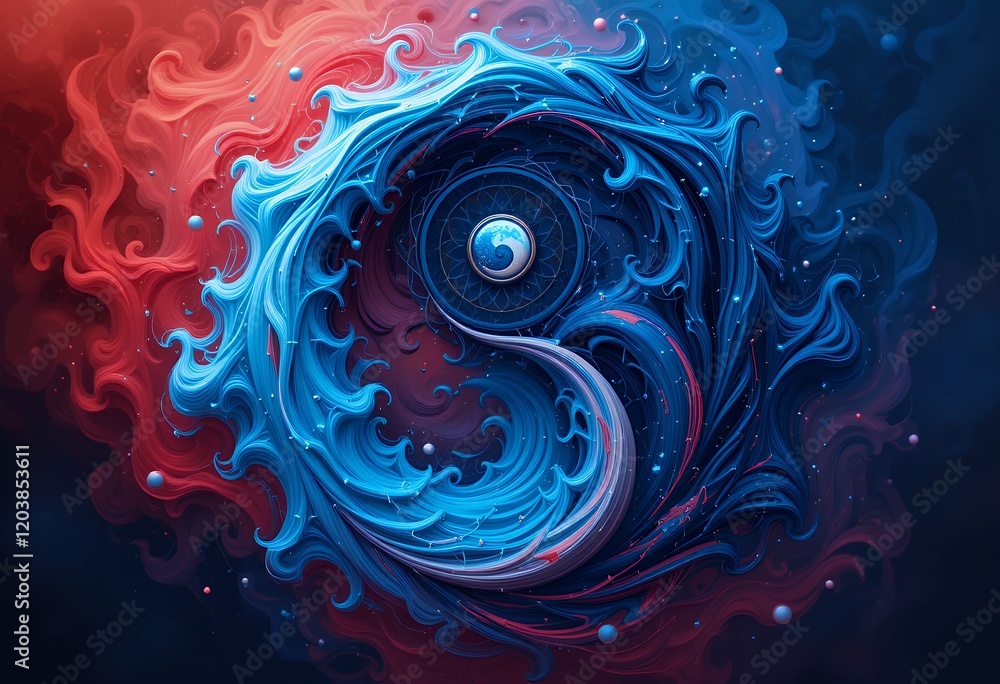 Poster abstract yin yang symbol with flowing blue and red elements on a dark background