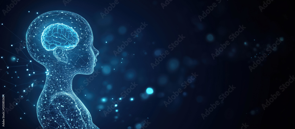 Poster digital depiction of child brain illuminated with neural connections