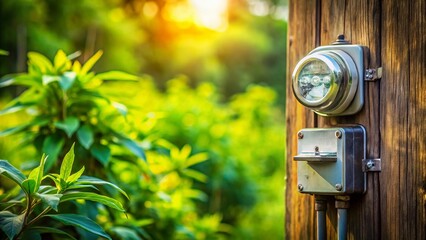 Naklejka premium Minimalist Close-up of Home Electricity Meter on Wooden Pole, Nature Background