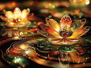 A celestial garden glowing softly under a galaxy-filled sky. Radiant plants bloom in cascading waves, and floating platforms of translucent crystal hover gently above the glowing pools of liquid 