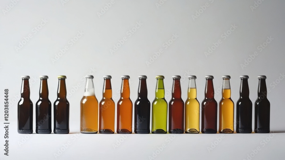 Poster assorted beer bottles displayed on a minimalist surface with soft lighting for beverage photography