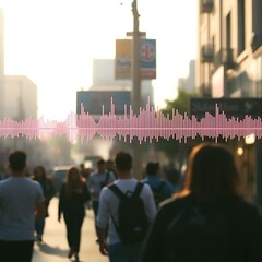 Audio wave overlaying blurred city street scene.