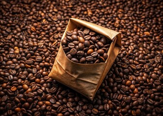 Fototapeta premium Minimalist Craft Paper Coffee Bag Surrounded by Roasted Coffee Beans