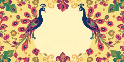 Beautiful invitation card template with intricate peacock pattern in vibrant colors, template, decorative, elegant