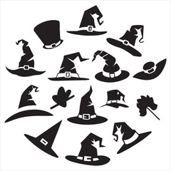 set of vector various style witch hat silhouettes