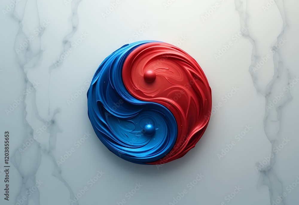 Poster stylized yin yang symbol created with dynamic blue and red swirls on marble background