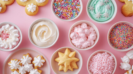 A cookie decorating station with bowls of frosting, sprinkles, and shaped sugar cookies ready for customization