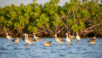 Shorebirds foraging in mangrove habitat at sunset, nature's beauty