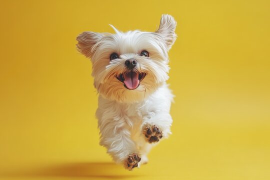 Energetic Shih Tzu running in a bright, natural light with yellow background. - Powered by Adobe