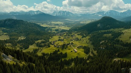 Naklejka premium Mountain Village Nestled In Verdant Valley Landscape