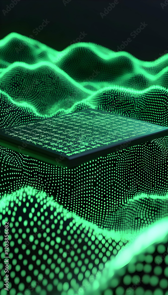 Poster abstract green digital landscape with glowing particles and a circuit board, representing data flow 